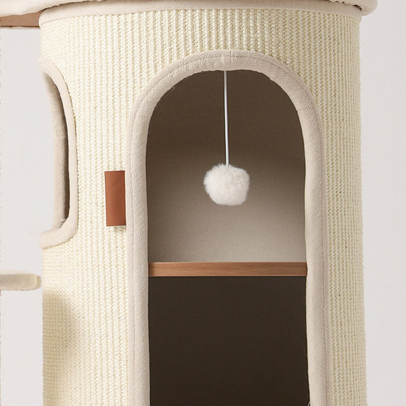 Contemporary Boho Tree-Shaped Natural Sisal Plywood Cotton-Linen Fabric PP Cotton Cat Tower 5-Tier For Living Room & Balcony