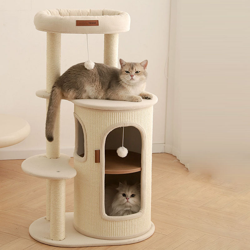 Contemporary Boho Tree-Shaped Natural Sisal Plywood Cotton-Linen Fabric PP Cotton Cat Tower 5-Tier For Living Room & Balcony