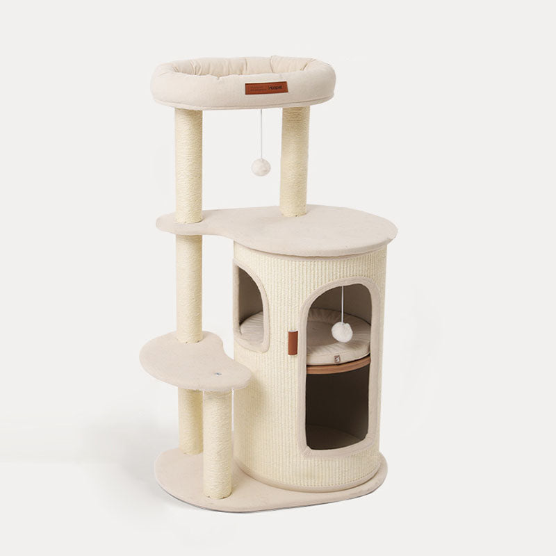 Contemporary Boho Tree-Shaped Natural Sisal Plywood Cotton-Linen Fabric PP Cotton Cat Tower 5-Tier For Living Room & Balcony