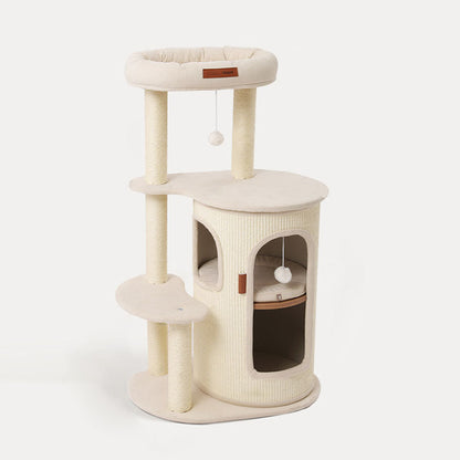 Contemporary Boho Tree-Shaped Natural Sisal Plywood Cotton-Linen Fabric PP Cotton Cat Tower 5-Tier For Living Room & Balcony