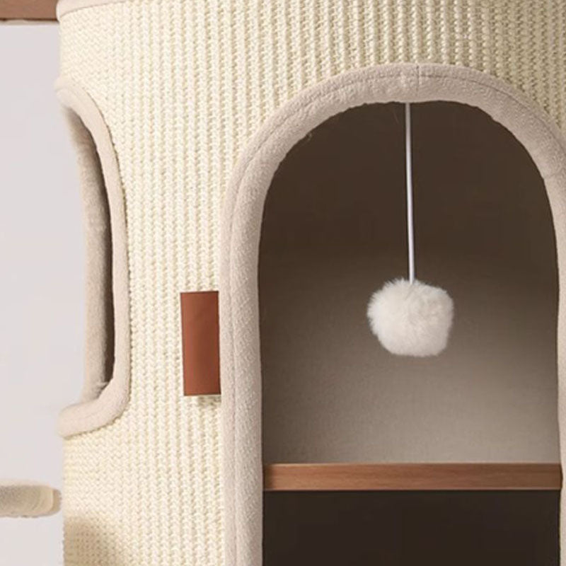 Contemporary Boho Tree-Shaped Natural Sisal Plywood Cotton-Linen Fabric PP Cotton Cat Tower 5-Tier For Living Room & Balcony