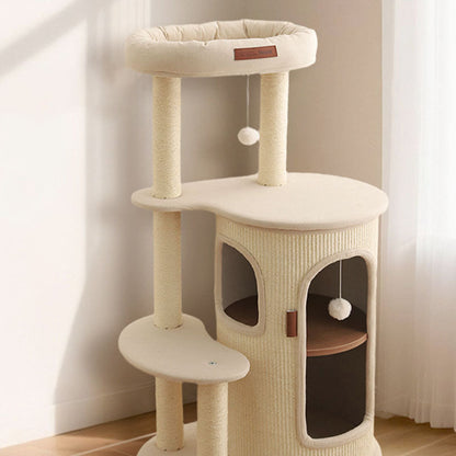 Contemporary Boho Tree-Shaped Natural Sisal Plywood Cotton-Linen Fabric PP Cotton Cat Tower 5-Tier For Living Room & Balcony