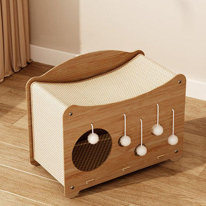 Contemporary Coastal Wavy Rectangular Sisal MDF Integrated Cat Bed 2-Tier For Living Room & Balcony