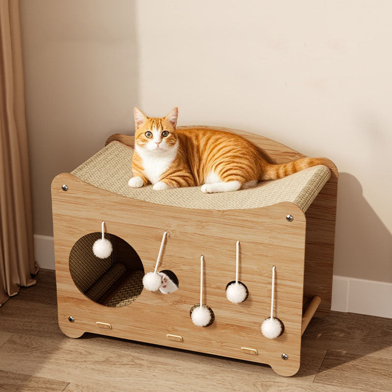 Contemporary Coastal Wavy Rectangular Sisal MDF Integrated Cat Bed 2-Tier For Living Room & Balcony