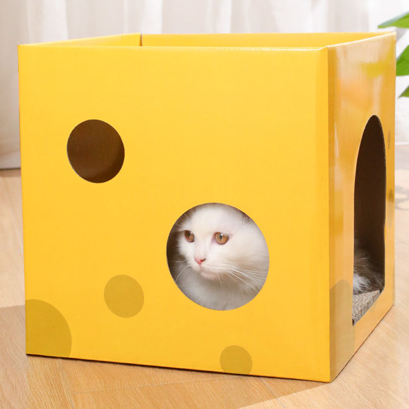 Modern Minimalist Square Cheese Box Corrugated Paper Cat Bed 1-Hole For Living Room