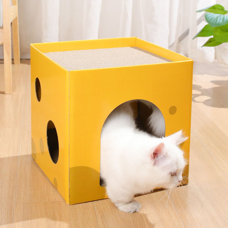 Modern Minimalist Square Cheese Box Corrugated Paper Cat Bed 1-Hole For Living Room