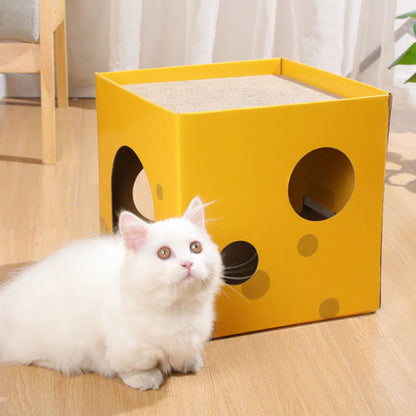 Modern Minimalist Square Cheese Box Corrugated Paper Cat Bed 1-Hole For Living Room