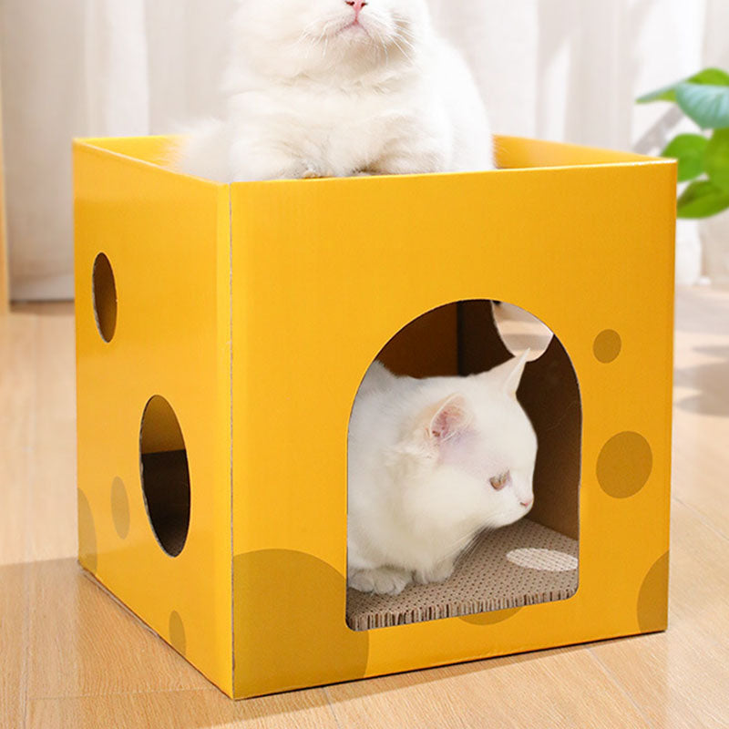 Modern Minimalist Square Cheese Box Corrugated Paper Cat Bed 1-Hole For Living Room