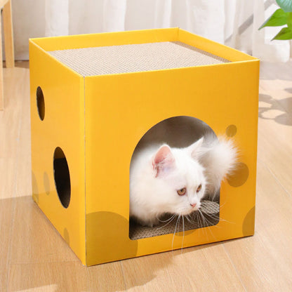 Modern Minimalist Square Cheese Box Corrugated Paper Cat Bed 1-Hole For Living Room