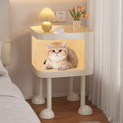 Modern Minimalist Iron Glass Square Cat Bed Nightstand 1-Cabinet For Bedroom