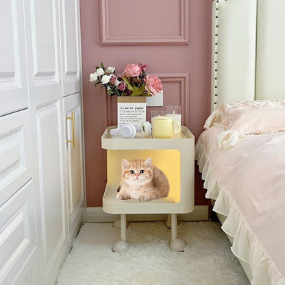 Modern Minimalist Iron Glass Square Cat Bed Nightstand 1-Cabinet For Bedroom