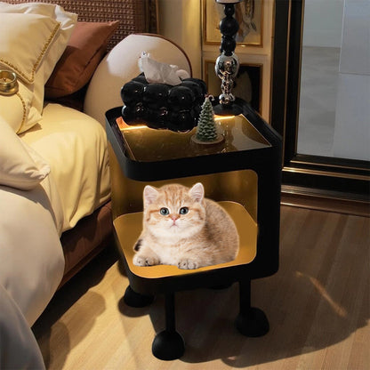 Modern Minimalist Iron Glass Square Cat Bed Nightstand 1-Cabinet For Bedroom