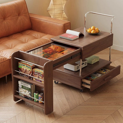 Modern Minimalist Rectangular Solid Wood Ecological Board Glass Stainless Steel Movable Extendable End Table 1-Drawer For Living Room