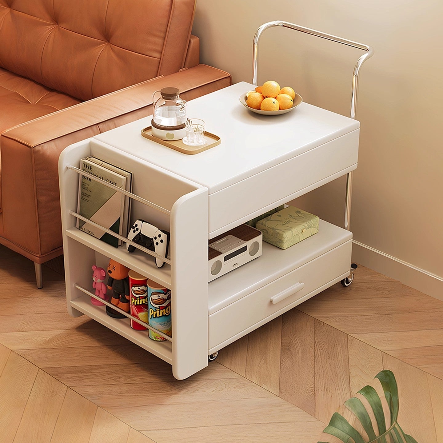 Modern Minimalist Rectangular Solid Wood Ecological Board Glass Stainless Steel Movable Extendable End Table 1-Drawer For Living Room