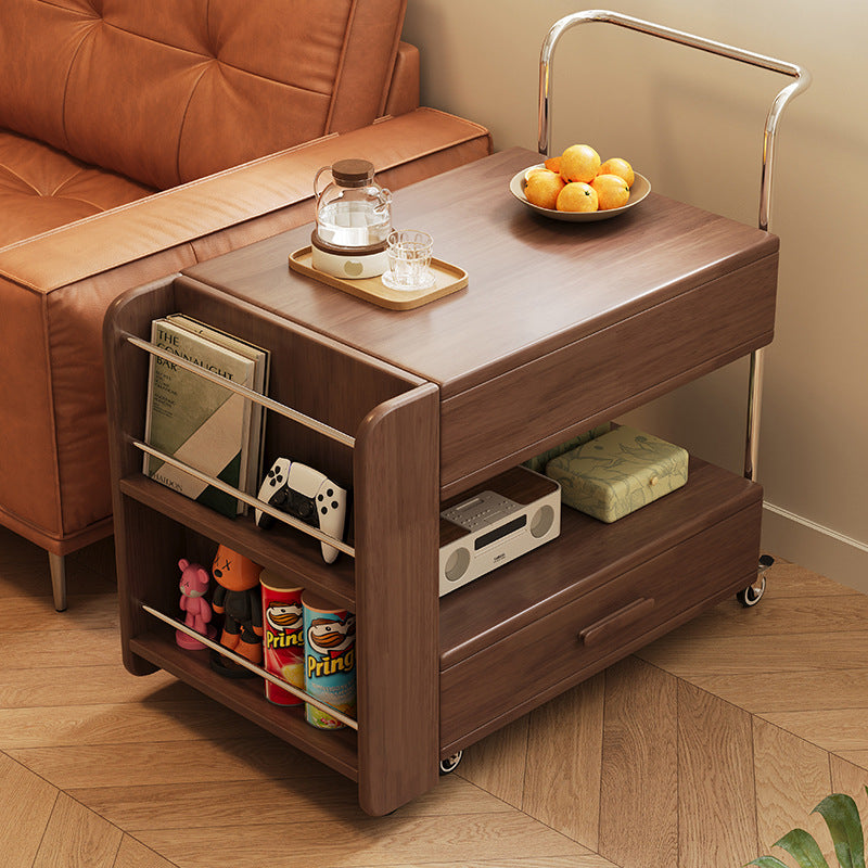 Modern Minimalist Rectangular Solid Wood Ecological Board Glass Stainless Steel Movable Extendable End Table 1-Drawer For Living Room