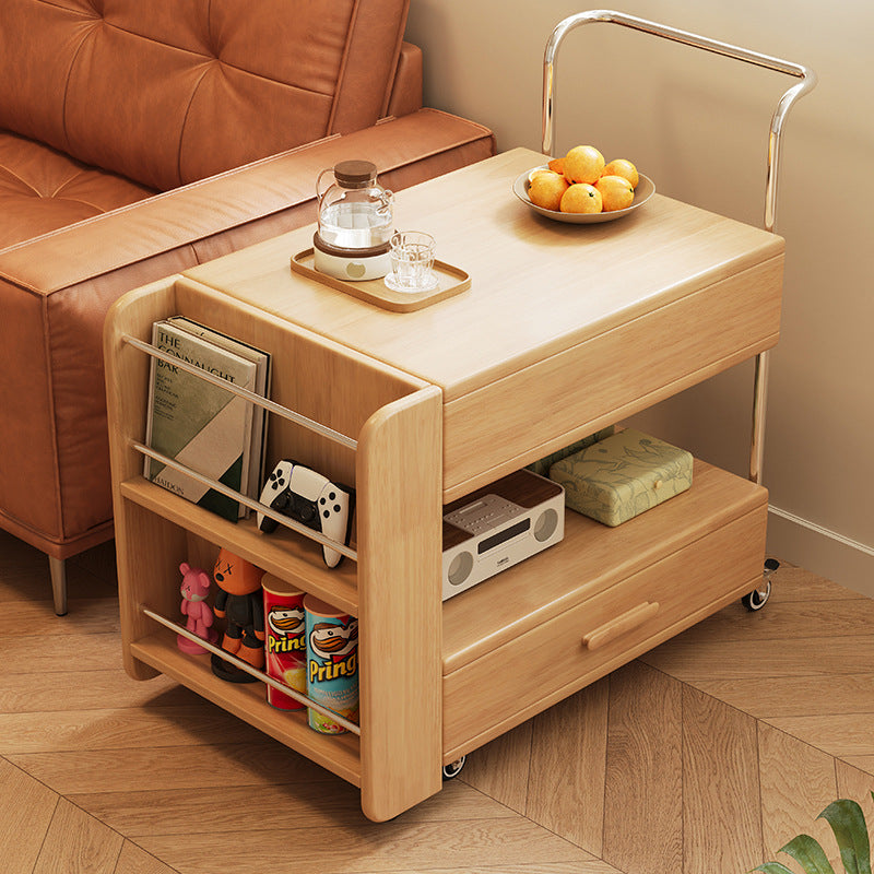 Modern Minimalist Rectangular Solid Wood Ecological Board Glass Stainless Steel Movable Extendable End Table 1-Drawer For Living Room