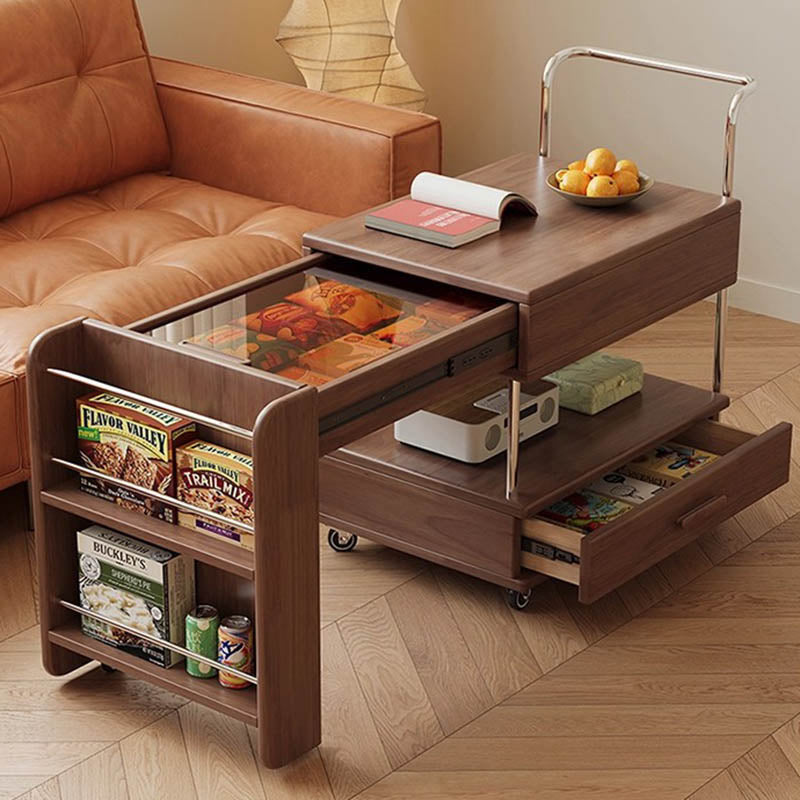 Modern Minimalist Rectangular Solid Wood Ecological Board Glass Stainless Steel Movable Extendable End Table 1-Drawer For Living Room