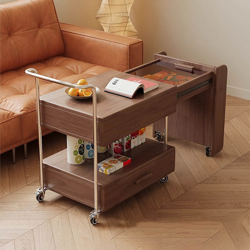Modern Minimalist Rectangular Solid Wood Ecological Board Glass Stainless Steel Movable Extendable End Table 1-Drawer For Living Room