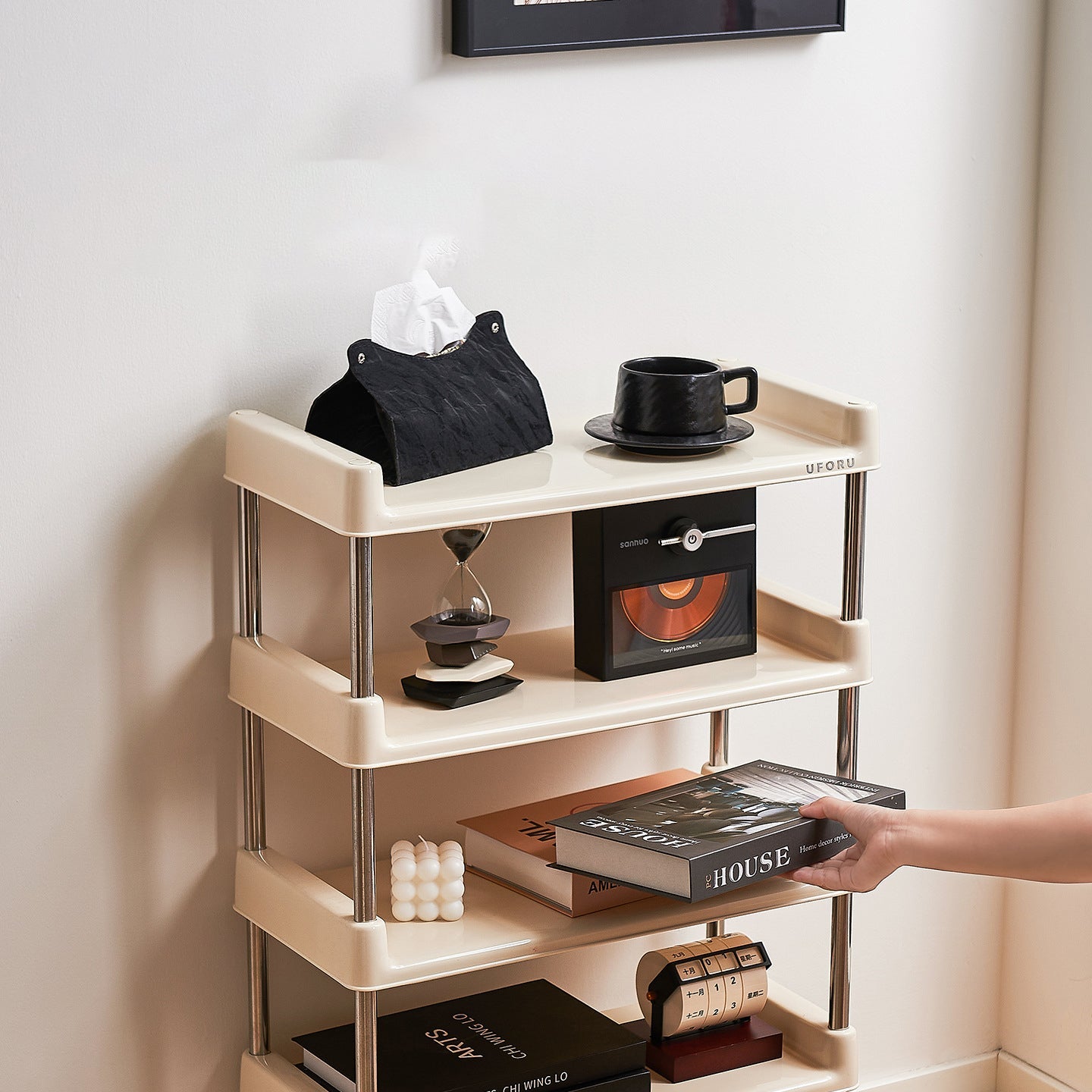Contemporary Industrial Rectangular PP Plastic Stainless Steel Multi-Layer Storage Shelf 2/3/4/5-Tier For Living Room
