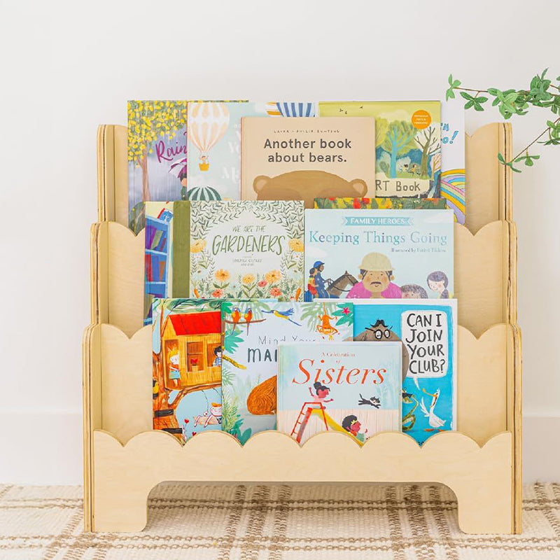 Contemporary Nordic Fan-Shaped Pine Wood & Plywood Kids Bookshelf 3-Layer For Living Room & Study Room