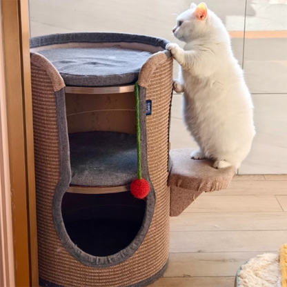 Contemporary Boho Cylindrical Particleboard Cardboard Tube Cotton Linen Sisal Rope Fabric Cat Tower 2-Hole For Living Room