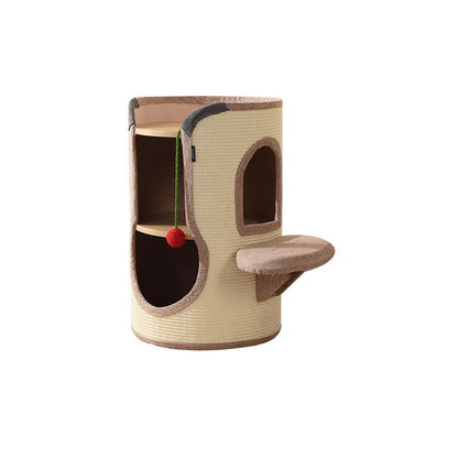 Contemporary Boho Cylindrical Particleboard Cardboard Tube Cotton Linen Sisal Rope Fabric Cat Tower 2-Hole For Living Room