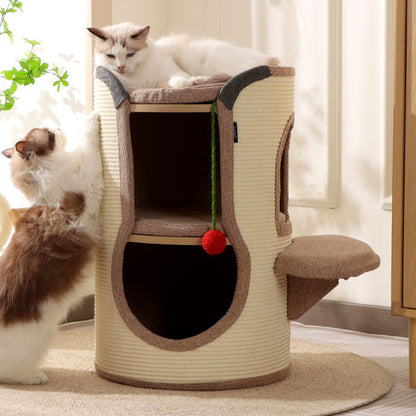 Contemporary Boho Cylindrical Particleboard Cardboard Tube Cotton Linen Sisal Rope Fabric Cat Tower 2-Hole For Living Room