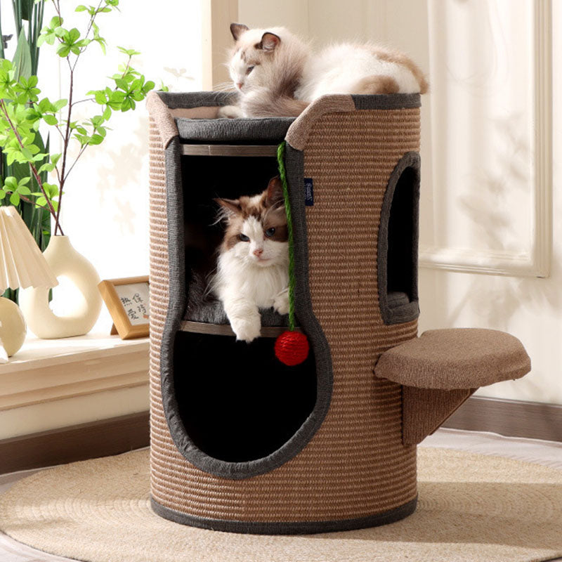 Contemporary Boho Cylindrical Particleboard Cardboard Tube Cotton Linen Sisal Rope Fabric Cat Tower 2-Hole For Living Room