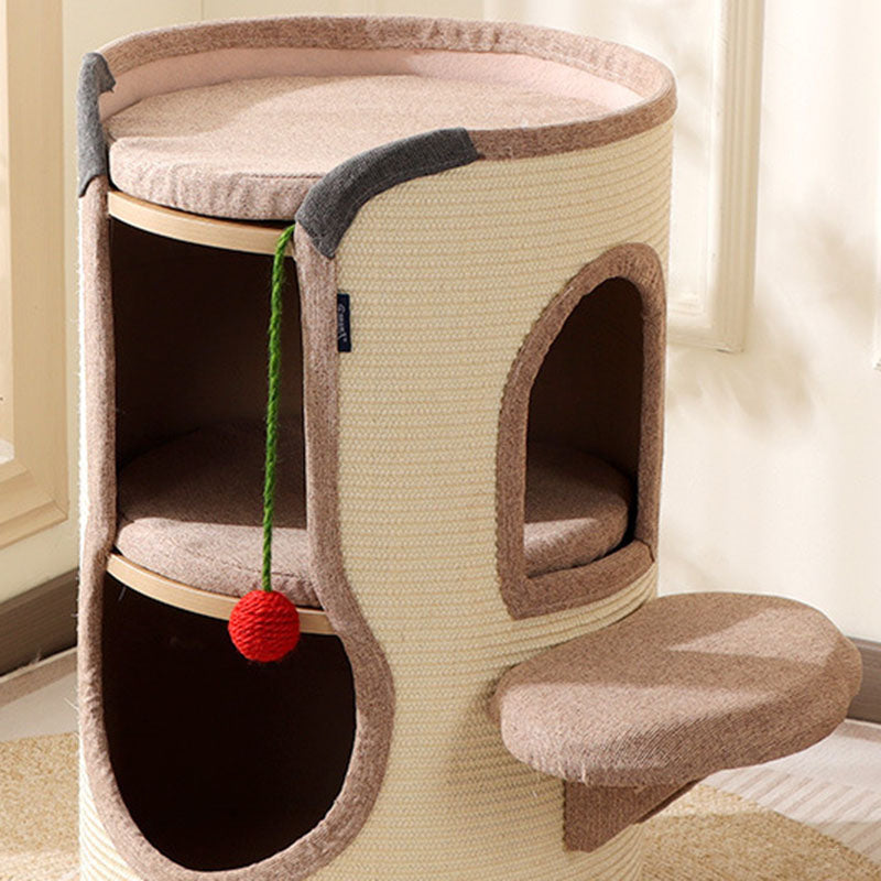 Contemporary Boho Cylindrical Particleboard Cardboard Tube Cotton Linen Sisal Rope Fabric Cat Tower 2-Hole For Living Room