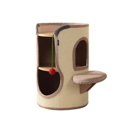 Contemporary Boho Cylindrical Particleboard Cardboard Tube Cotton Linen Sisal Rope Fabric Cat Tower 2-Hole For Living Room