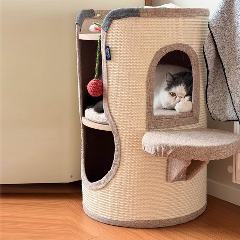 Contemporary Boho Cylindrical Particleboard Cardboard Tube Cotton Linen Sisal Rope Fabric Cat Tower 2-Hole For Living Room