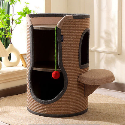 Contemporary Boho Cylindrical Particleboard Cardboard Tube Cotton Linen Sisal Rope Fabric Cat Tower 2-Hole For Living Room