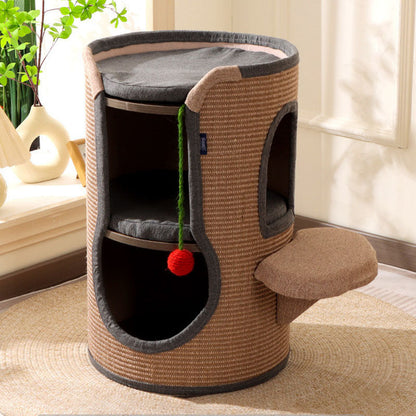 Contemporary Boho Cylindrical Particleboard Cardboard Tube Cotton Linen Sisal Rope Fabric Cat Tower 2-Hole For Living Room