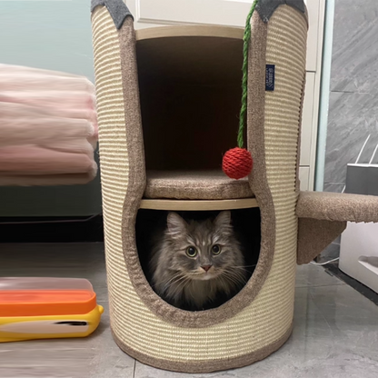 Contemporary Boho Cylindrical Particleboard Cardboard Tube Cotton Linen Sisal Rope Fabric Cat Tower 2-Hole For Living Room