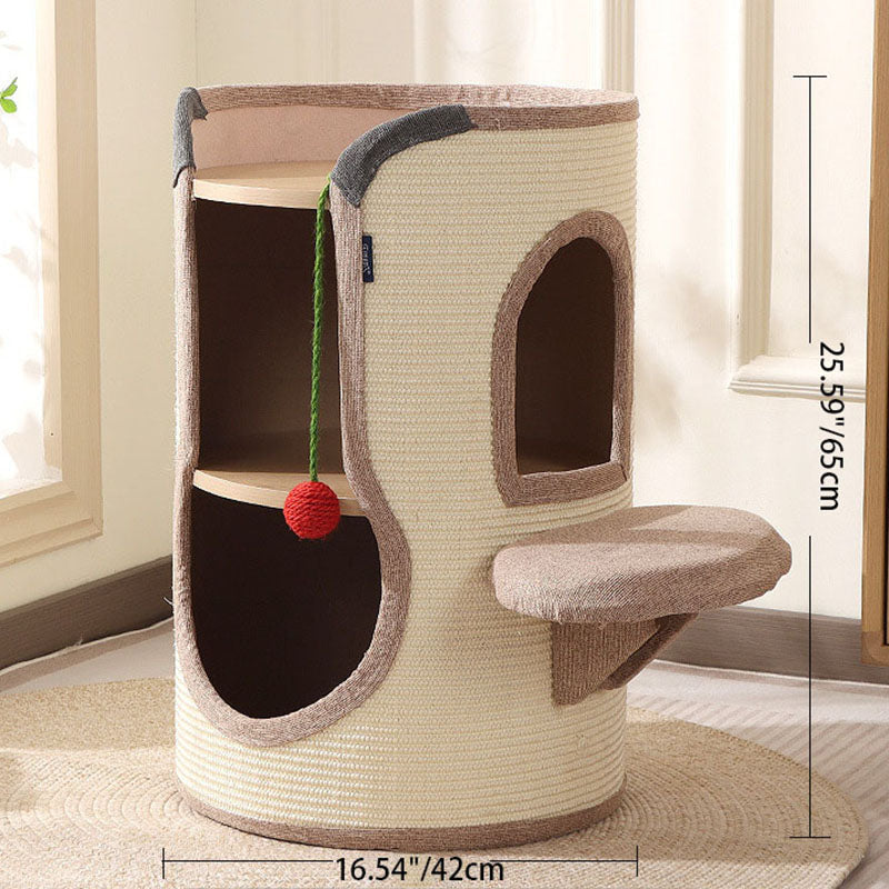Contemporary Boho Cylindrical Particleboard Cardboard Tube Cotton Linen Sisal Rope Fabric Cat Tower 2-Hole For Living Room