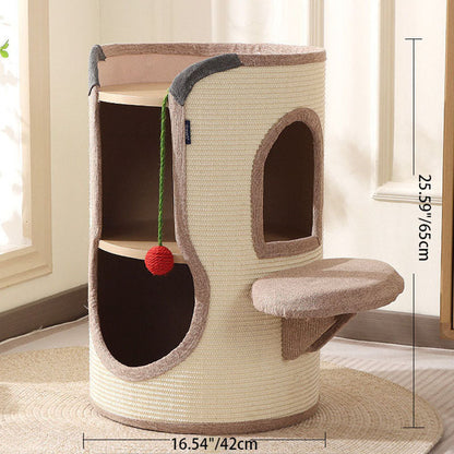 Contemporary Boho Cylindrical Particleboard Cardboard Tube Cotton Linen Sisal Rope Fabric Cat Tower 2-Hole For Living Room