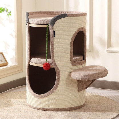 Contemporary Boho Cylindrical Particleboard Cardboard Tube Cotton Linen Sisal Rope Fabric Cat Tower 2-Hole For Living Room
