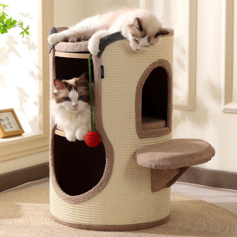 Contemporary Boho Cylindrical Particleboard Cardboard Tube Cotton Linen Sisal Rope Fabric Cat Tower 2-Hole For Living Room