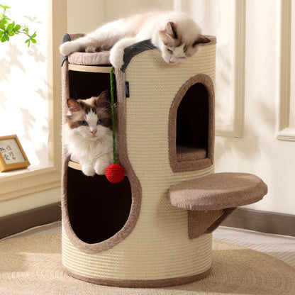 Contemporary Boho Cylindrical Particleboard Cardboard Tube Cotton Linen Sisal Rope Fabric Cat Tower 2-Hole For Living Room