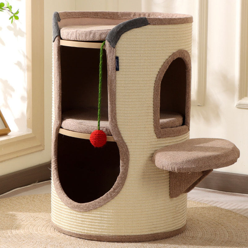Contemporary Boho Cylindrical Particleboard Cardboard Tube Cotton Linen Sisal Rope Fabric Cat Tower 2-Hole For Living Room
