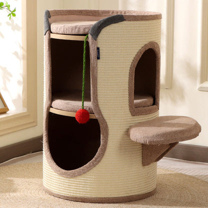 Contemporary Boho Cylindrical Particleboard Cardboard Tube Cotton Linen Sisal Rope Fabric Cat Tower 2-Hole For Living Room