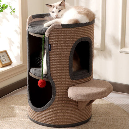 Contemporary Boho Cylindrical Particleboard Cardboard Tube Cotton Linen Sisal Rope Fabric Cat Tower 2-Hole For Living Room