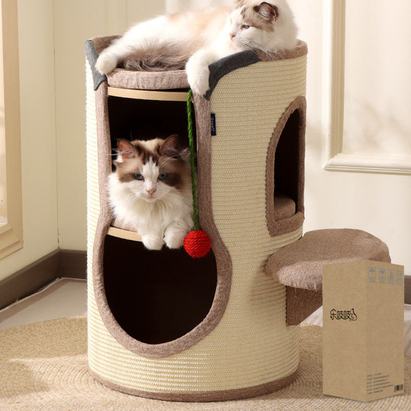 Contemporary Boho Cylindrical Particleboard Cardboard Tube Cotton Linen Sisal Rope Fabric Cat Tower 2-Hole For Living Room