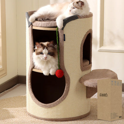 Contemporary Boho Cylindrical Particleboard Cardboard Tube Cotton Linen Sisal Rope Fabric Cat Tower 2-Hole For Living Room