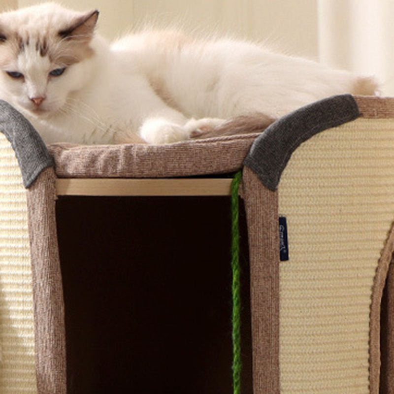 Contemporary Boho Cylindrical Particleboard Cardboard Tube Cotton Linen Sisal Rope Fabric Cat Tower 2-Hole For Living Room