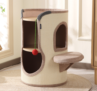 Contemporary Boho Cylindrical Particleboard Cardboard Tube Cotton Linen Sisal Rope Fabric Cat Tower 2-Hole For Living Room