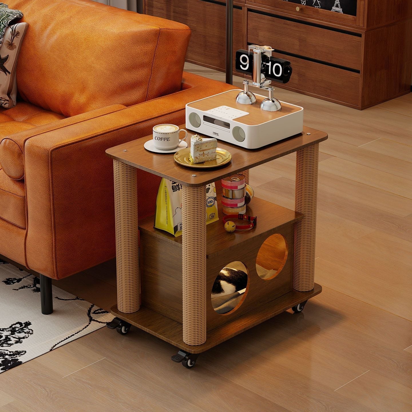 Traditional Farmhouse Rectangular MDF Movable End Table 1-Cabinet For Living Room