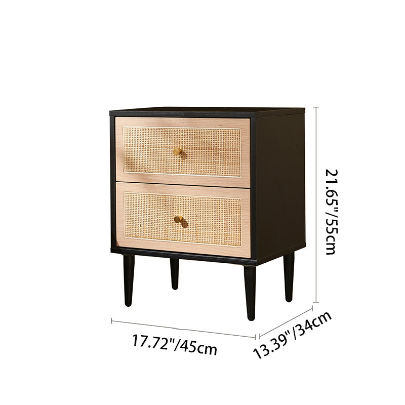 Traditional Japanese Rectangular MDF Rattan Weaving Nightstand 2-Drawer For Bedroom