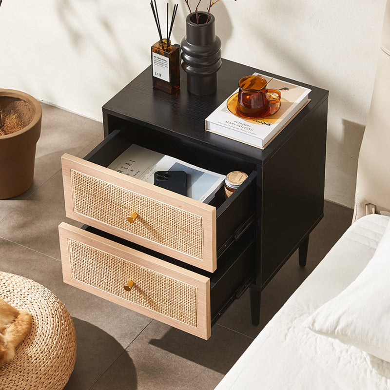 Traditional Japanese Rectangular MDF Rattan Weaving Nightstand 2-Drawer For Bedroom