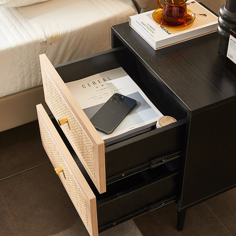 Traditional Japanese Rectangular MDF Rattan Weaving Nightstand 2-Drawer For Bedroom